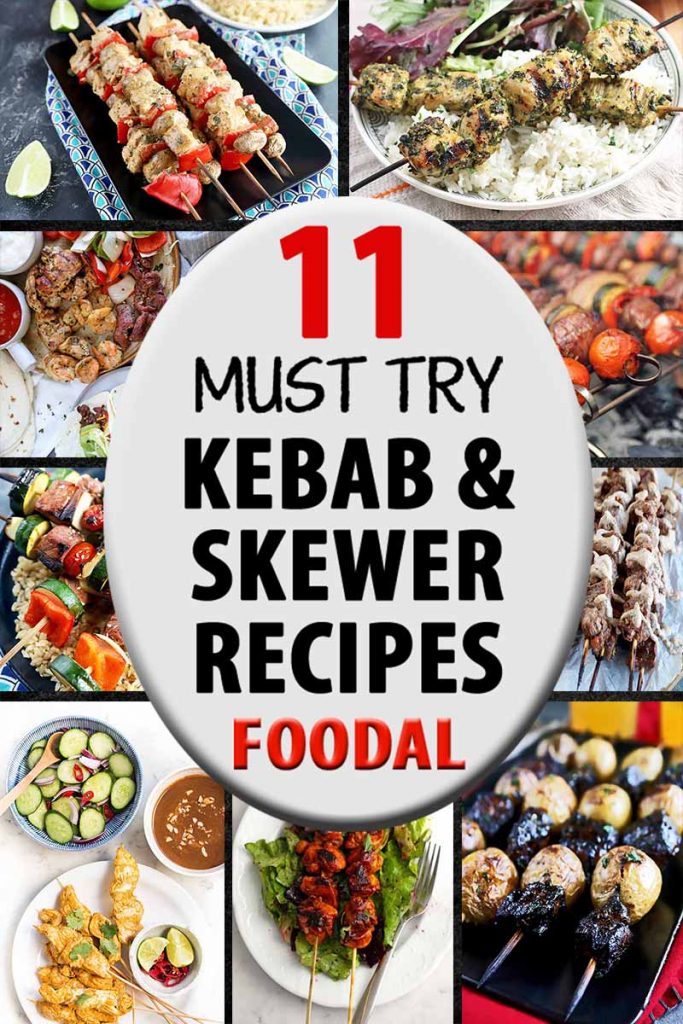 Vertical image of a collection of meats on sticks images, with a label in the center.