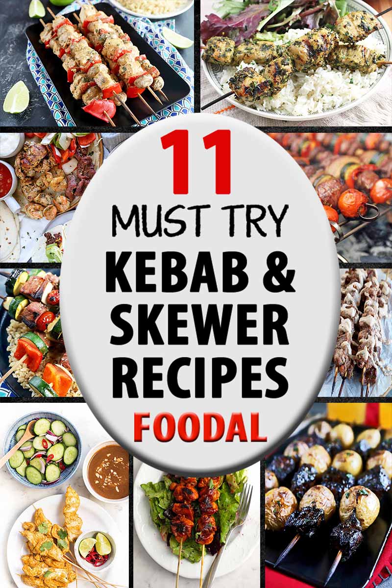 Vertical image of a collection of meats on sticks images, with a label in the center.