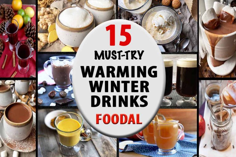 Horizontal image of a collage of assorted beverages, with a label in the center.