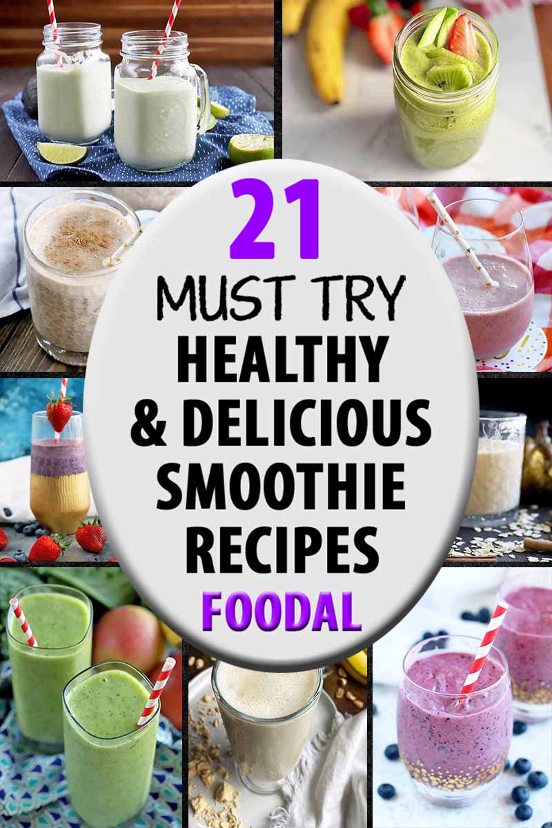 Vertical image of a collage of assorted drink recipes, with an oval label in the center.