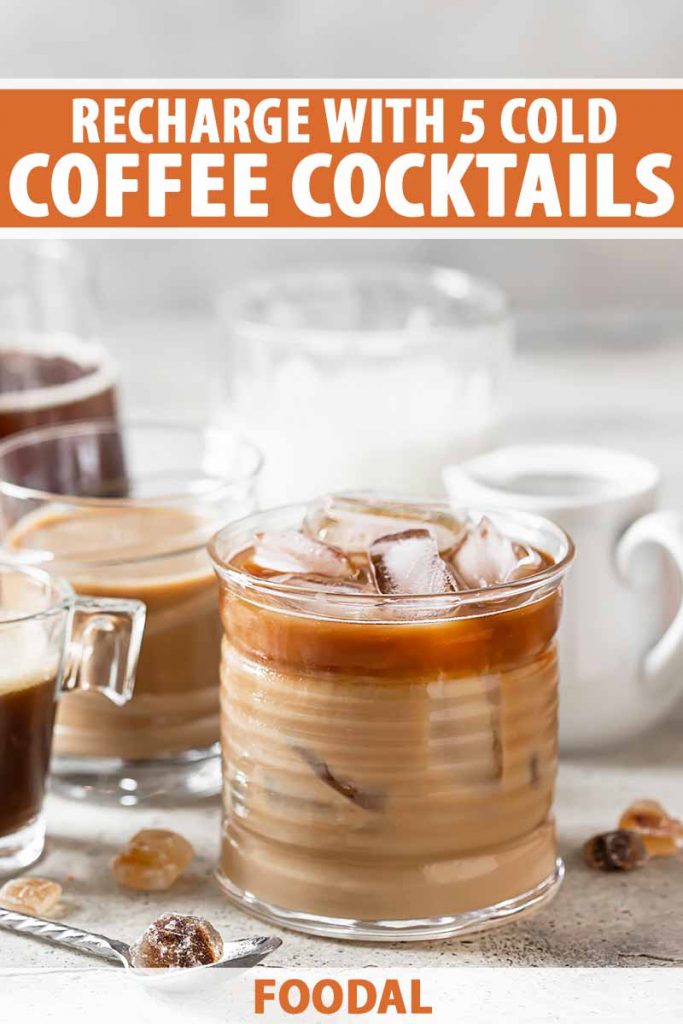 Vertical image of assorted glasses and mugs filled with beverages and ice cubes, with text on the top and bottom of the image.