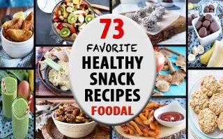 Horizontal image of a collage of various healthy snack food recipes, with a label in the center.