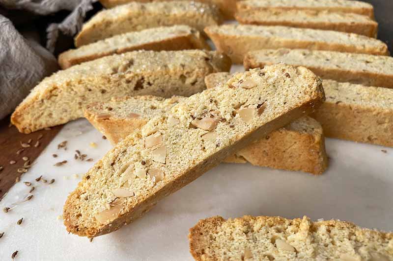 Horizontal image of rows of biscotti on a white surface.