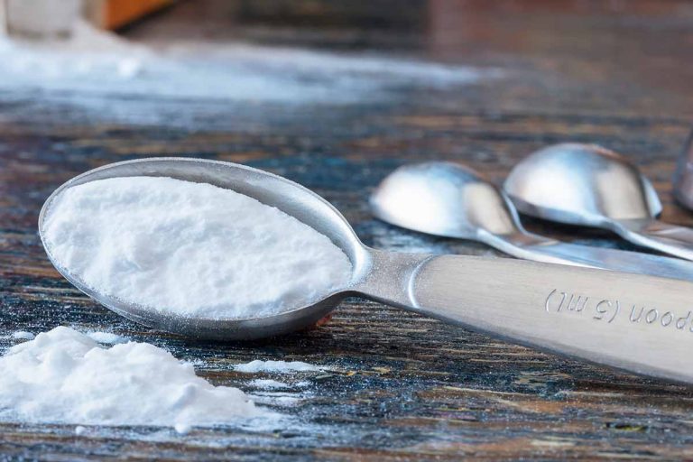 Horizontal image of a teaspoon of a dry leavening agent on a wooden table.