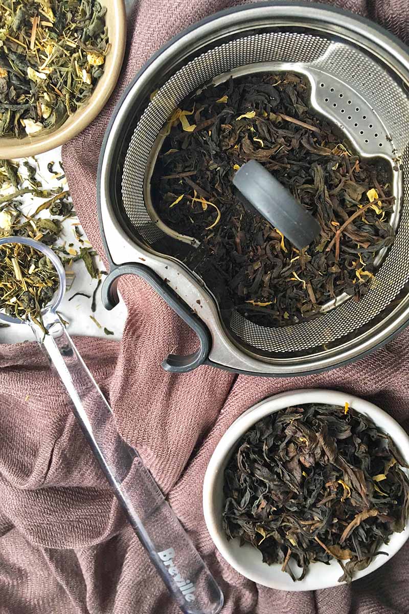 Vertical image of a Breville Tea Basket on a brown towel next to a scoop and bowls with tea leaves.