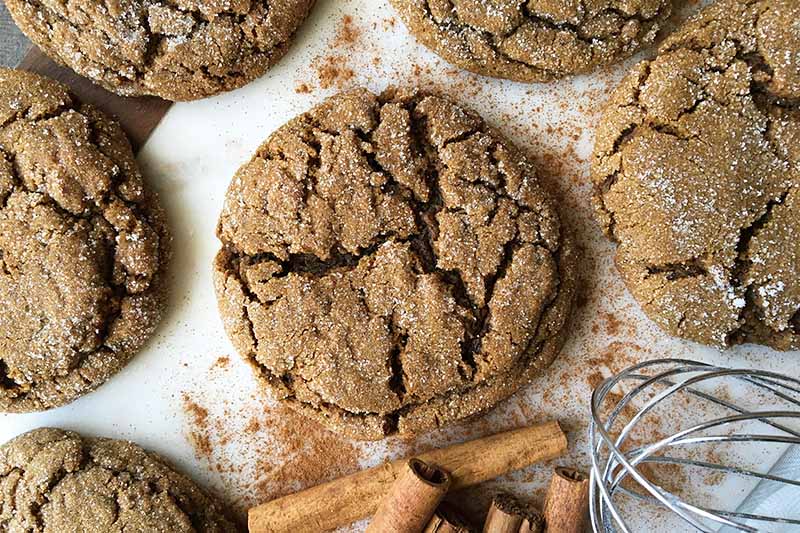 Horizontal image of light brown cookies scattered on a white board next to cinnamon sticks and a whisk.