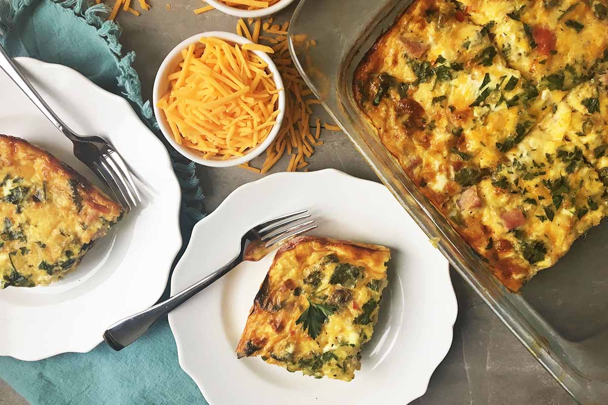 Horizontal image of a breakfast bake scene.
