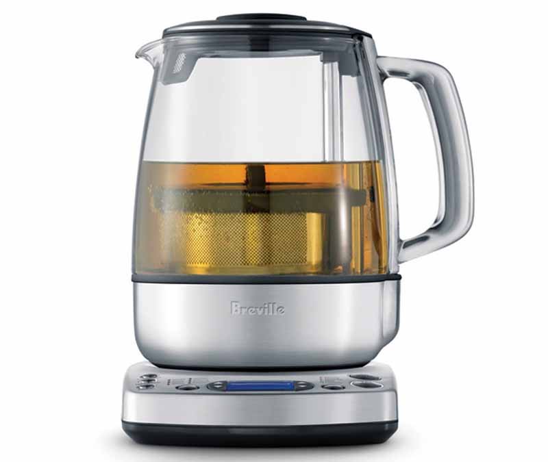 Square image of a Breville Tea Maker with tea and the basket.
