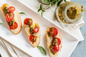 Camembert Cheese and Pistachio Basil Pesto Bruschetta