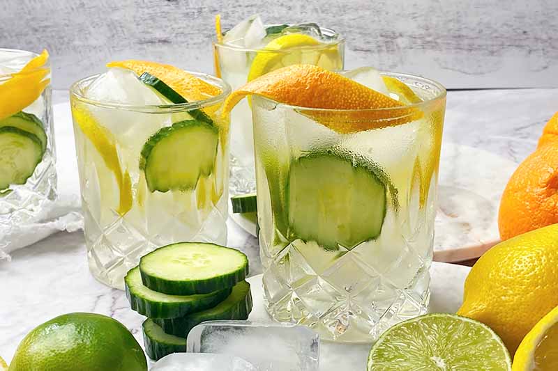 Horizontal image of glasses with water, slices of fresh produce, and an orange rind garnish.