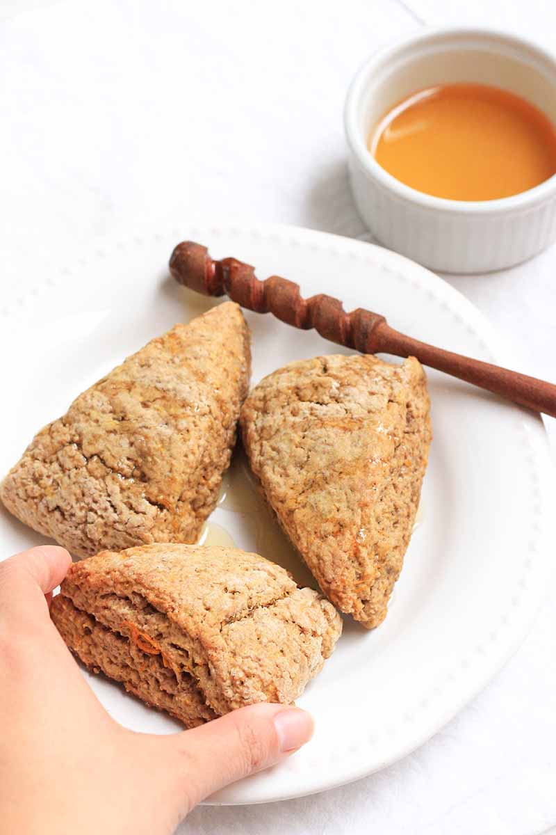 Vertical image of a hand picking up on pastry on a white plate next to honey.