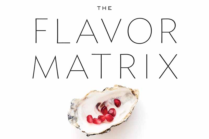 Horizontal image of the front cover of The Flavor Matrix by James Briscione, an oyster shell filled with pomegranate seeds centered at the bottom, with black text on a white background.