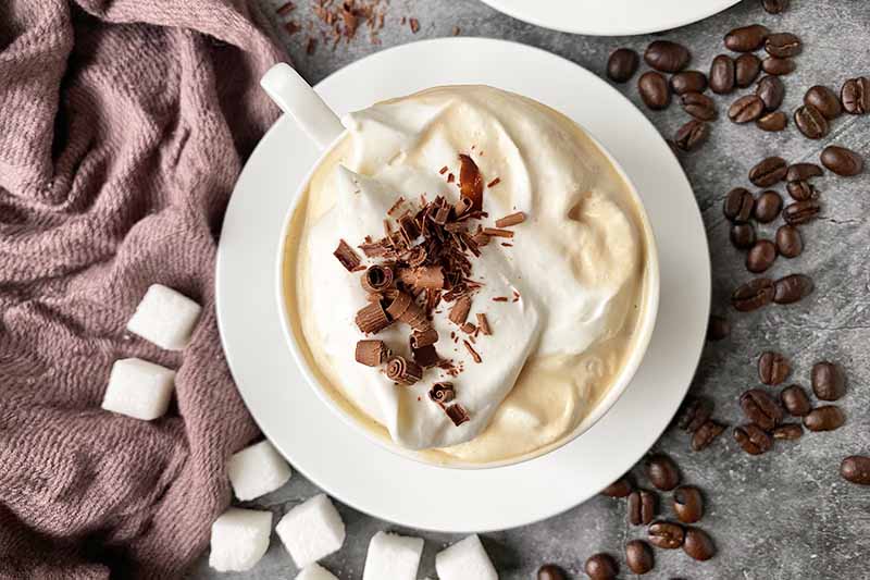 Horizontal top-down image of a beverage topped with whipped cream and chocolate.