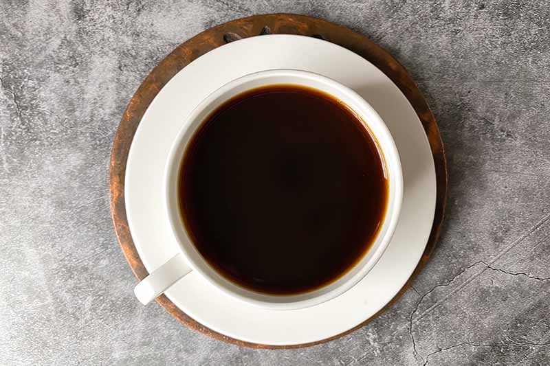 Horizontal image of a dark brown beverage in a white cup on a plate.