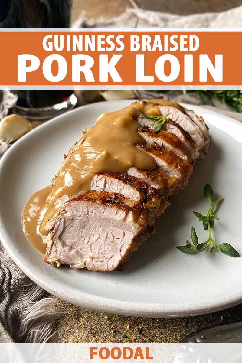 Vertical image of shingled seared meat slices covered in gravy on a plate next to herbs.