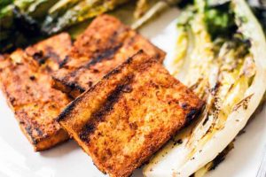 Charred Romaine with Paprika Marinated Grilled Tofu