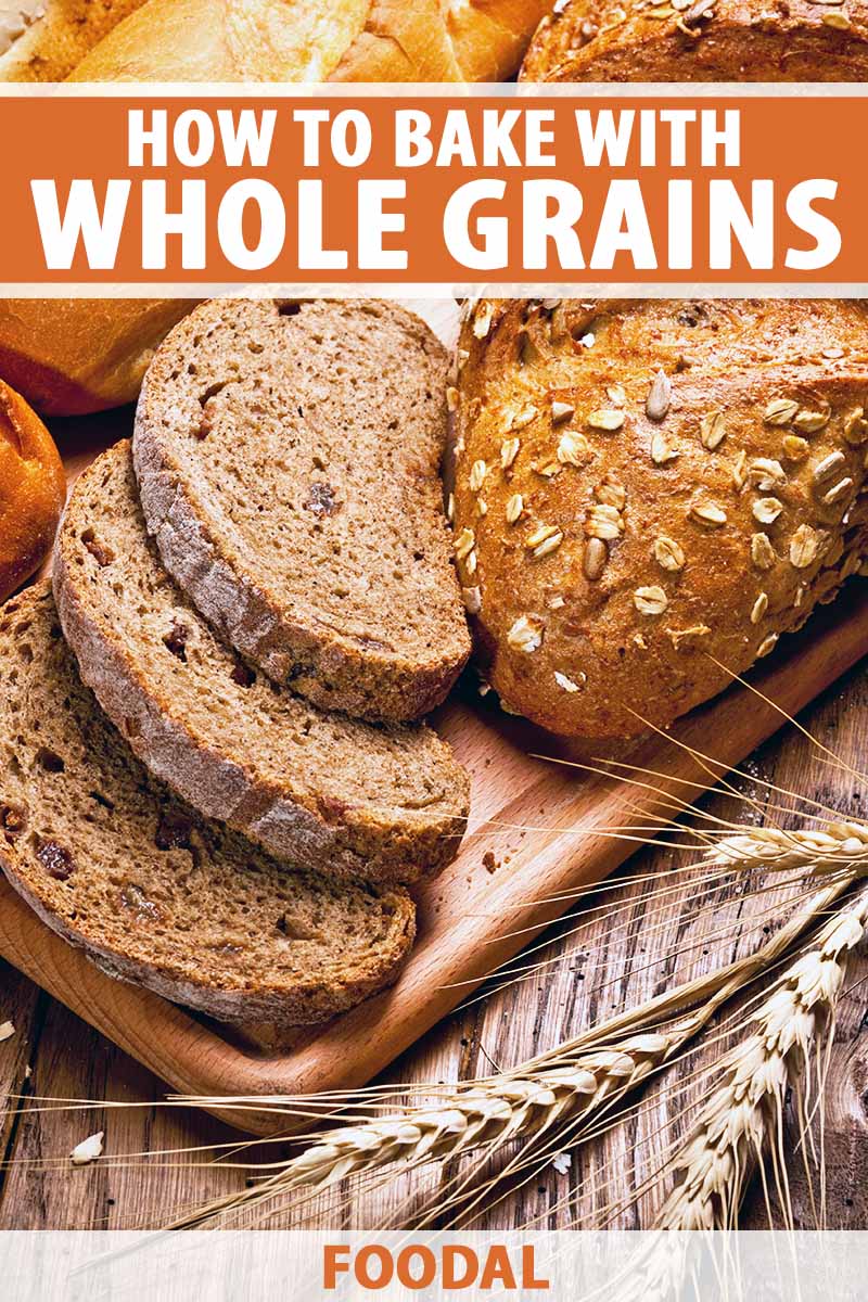 Vertical image of various sliced breads on a wooden board, with text on the top and bottom of the image.