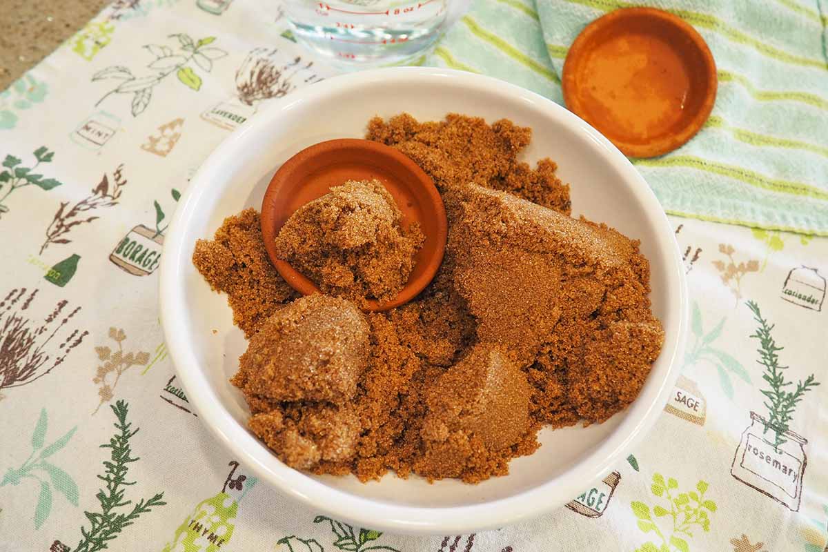Horizontal image of a dried sweetener in a shallow white bowl with small, terra-cotta round dishes.