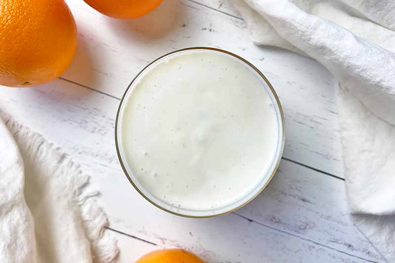 Horizontal image of a thick white beverage in a cup.