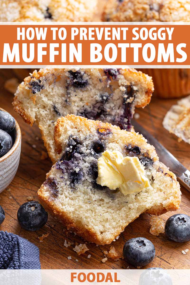 Vertical closeup image of a halved blueberry pastry with butter spread on one side, next to fresh blueberries on a wooden cutting board, with text on the top and bottom of the image.