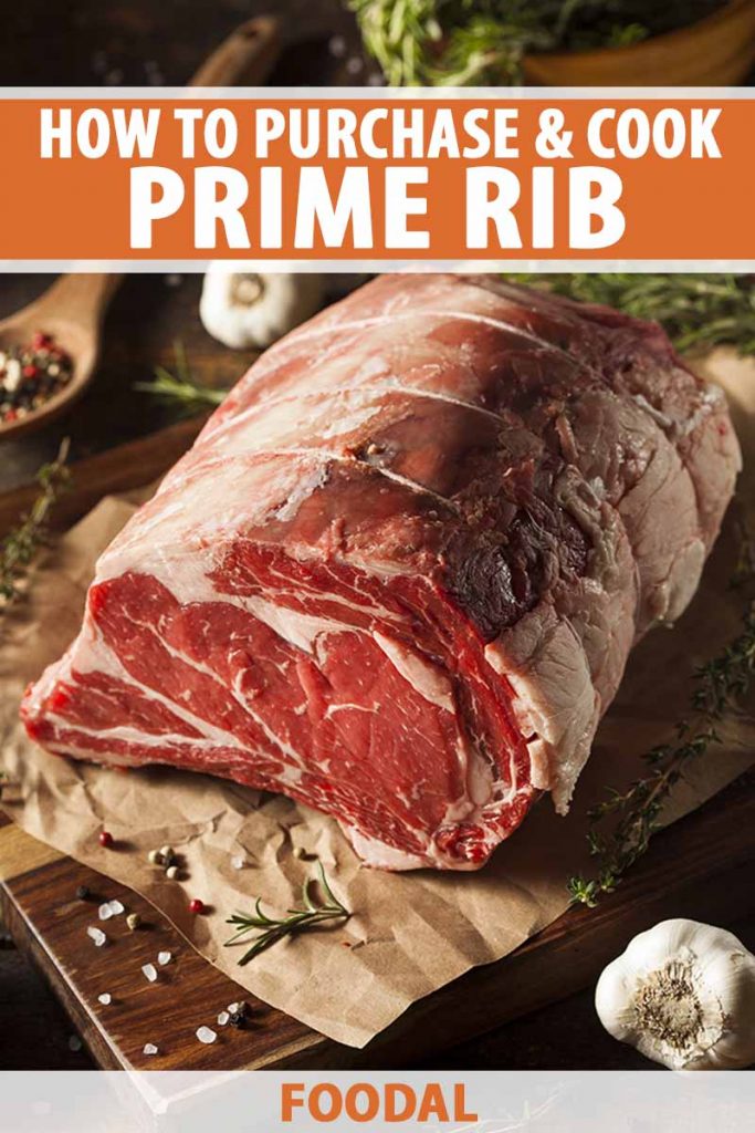 Vertical image of a large piece of raw beef on paper on a wooden cutting board, with text on the top and bottom of the image.