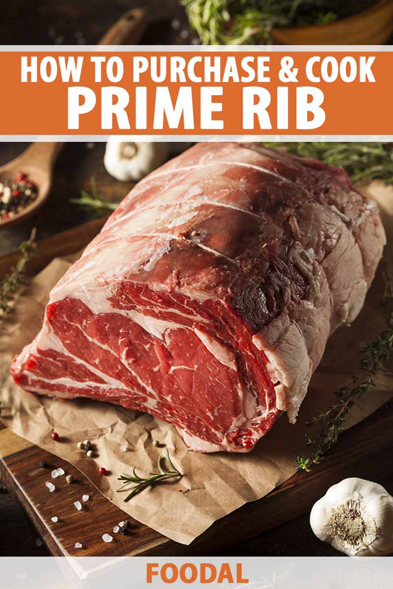 Vertical image of a large piece of raw beef on paper on a wooden cutting board, with text on the top and bottom of the image.