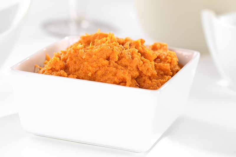 Horizontal image of mashed sweet potato in a white dish.