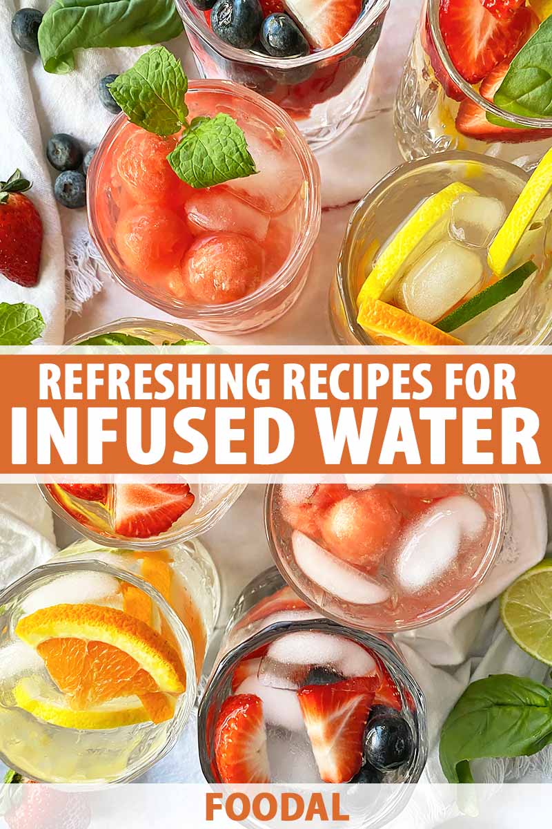 Vertical top-down image of assorted drinks in glasses, with text in the center and on the bottom of the image.