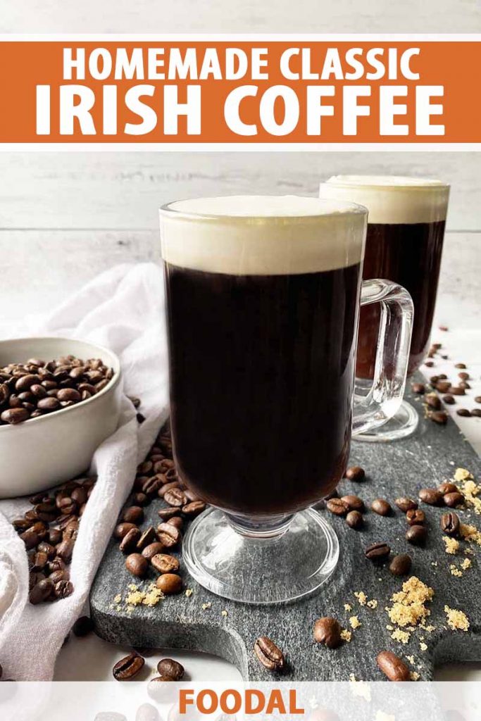 Vertical image of two glasses filled with a dark beverage topped with a whipped garnish on a gray platter, with text on the top and bottom of the image.