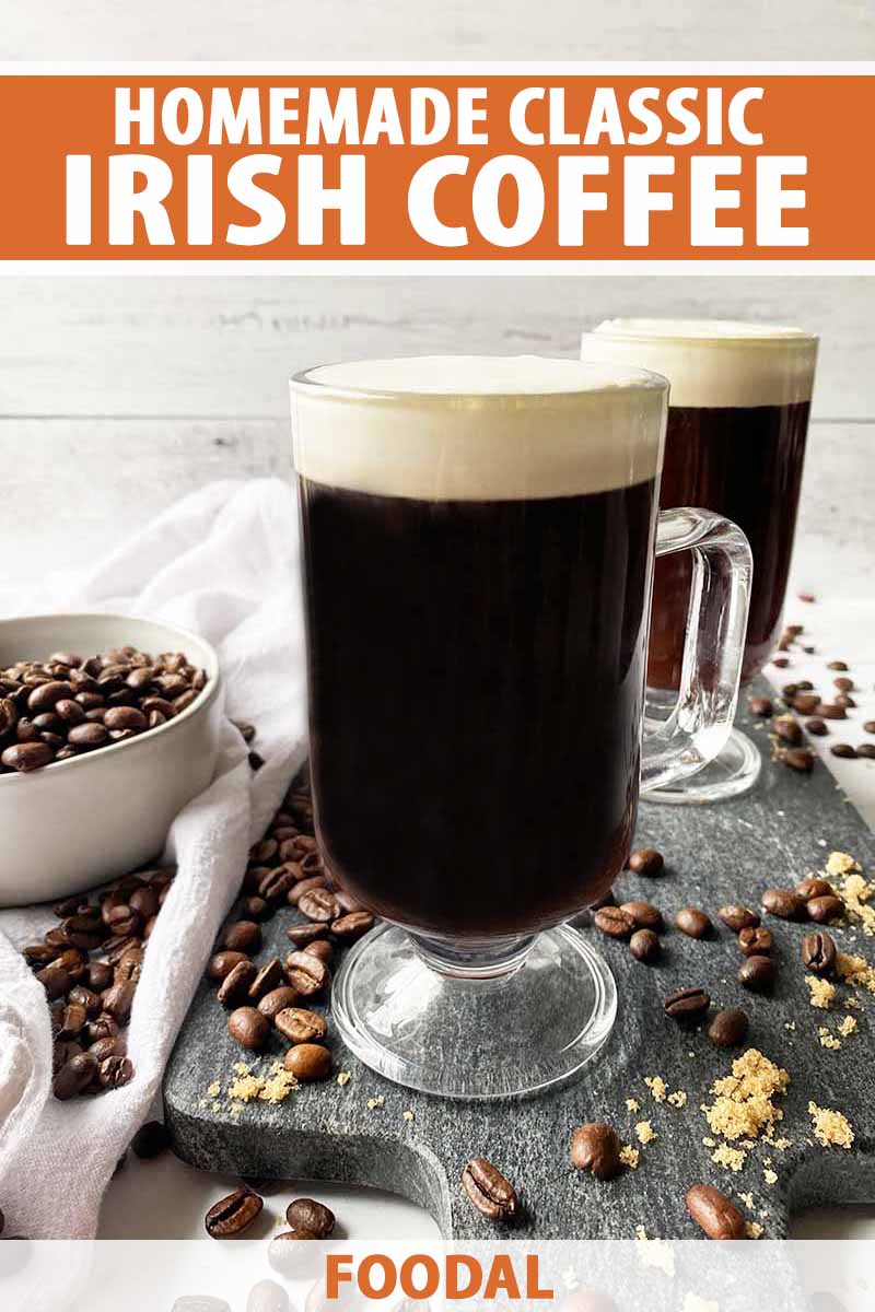 Vertical image of two glasses filled with a dark beverage topped with a whipped garnish on a gray platter, with text on the top and bottom of the image.