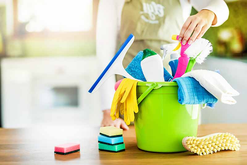 Horizontal image of a woman in an apron picking out supplies in a large green bucket next to sponges on a wooden table.