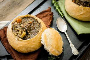 Lentil and Mushroom Soup in Sourdough Bread Bowls