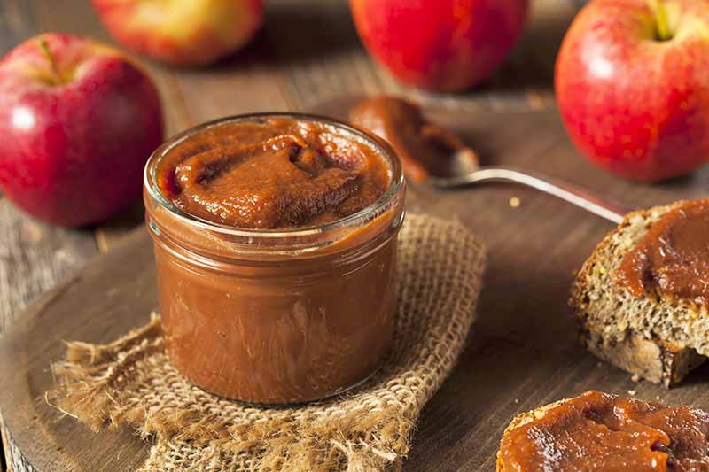 Horizontal image of apple butter in a jar on burlap next to whole apples and a spoon.