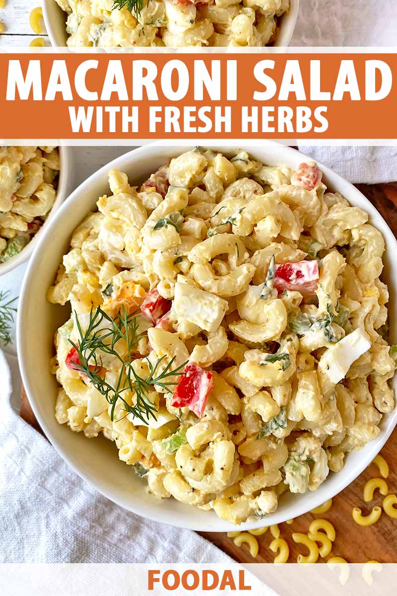 Vertical image of a large bowl and two small bowls of a creamy macaroni salad with mixed vegetables, with text on the top and bottom of the image.