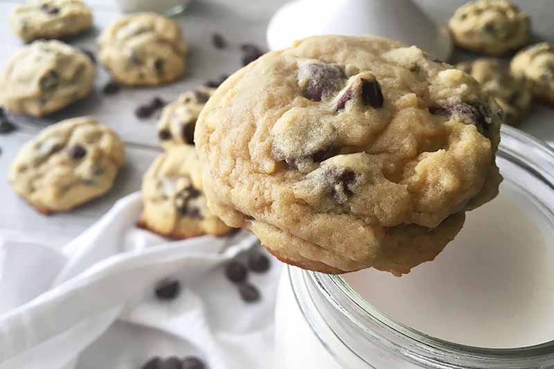 Horizontal image of a whole cookie on top of a glass of milk.