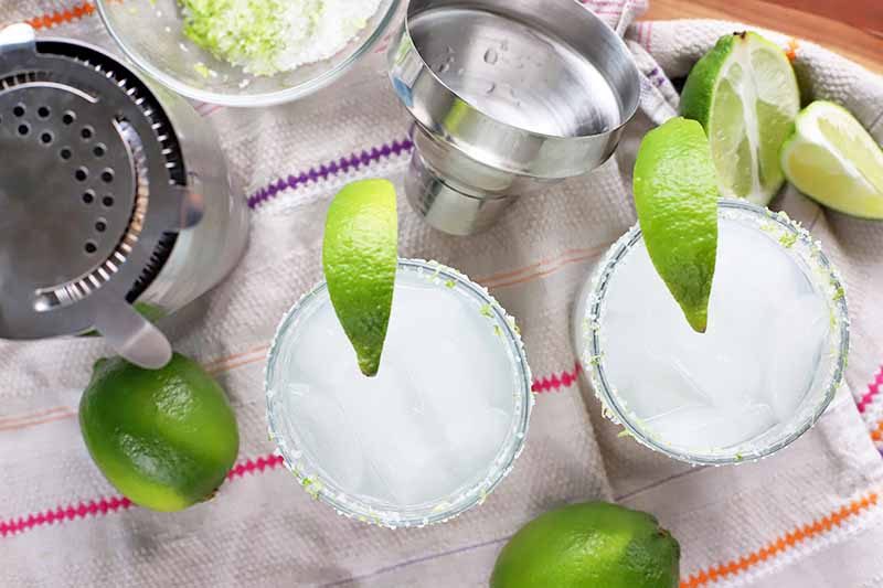 Overhead horizontal shot of two margaritas with lime wedge garnishes, with more of the citrus fruit and a stainless steel cocktail shaker and strainer on a white cloth with purple, pink, and orange stripes, on top of a brown wood surface.