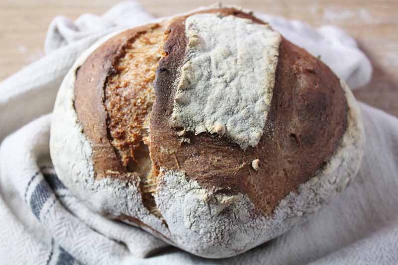 Horizontal image of a loaf of sourdough bread on a towel.