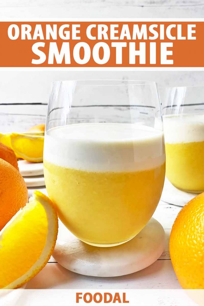 Vertical image of glasses filled with a bright shake topped with a vanilla layer next to fresh fruit, with text on the top and bottom of the image.