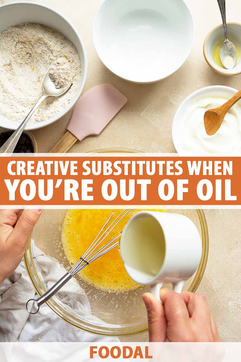 Vertical image of pouring a liquid ingredient into a bowl with whisked eggs next to other measured food items in bowls, with text on the bottom and in the middle of the image.