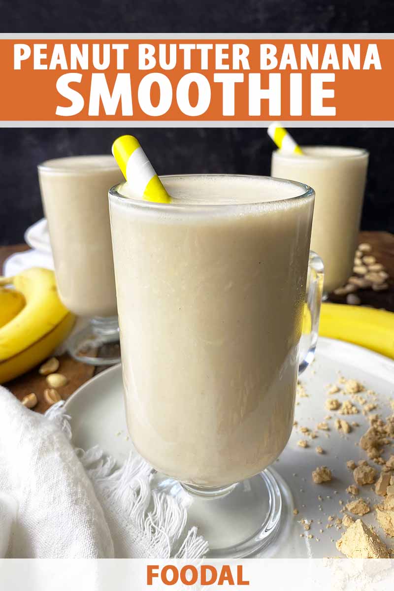 Vertical image of three glasses filled with a creamy beverage with yellow straws, with text on the top and bottom of the image.