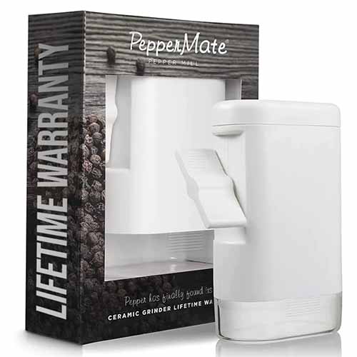 Image of the PepperMate Traditional in a white color next to its box.