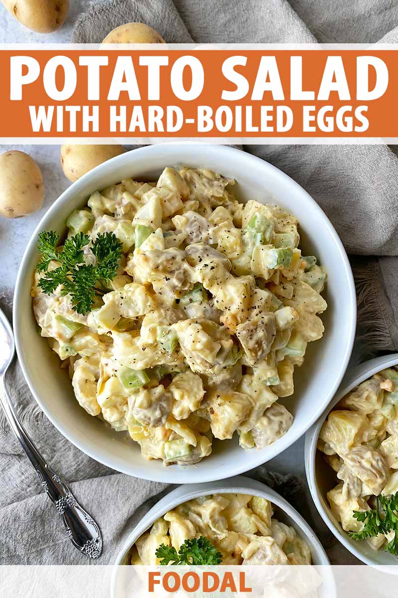 Vertical image of potato salad in large and small bowls, with text on the top and bottom of the image.