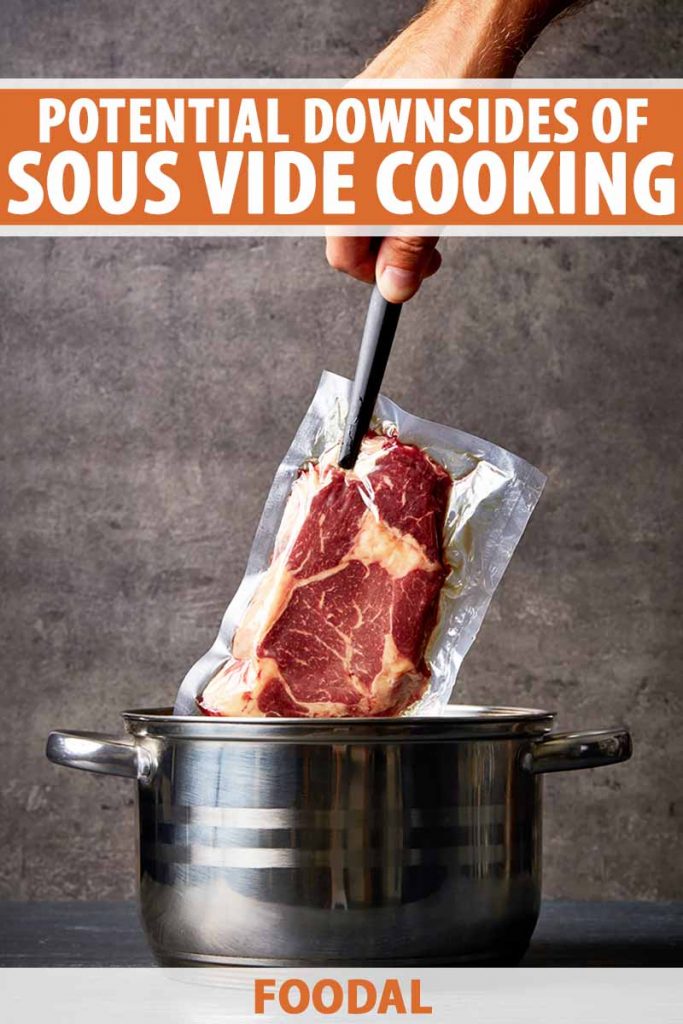 Vertical image of inserting a sealed piece of raw meat into a pot, with text on the top and bottom of the image.