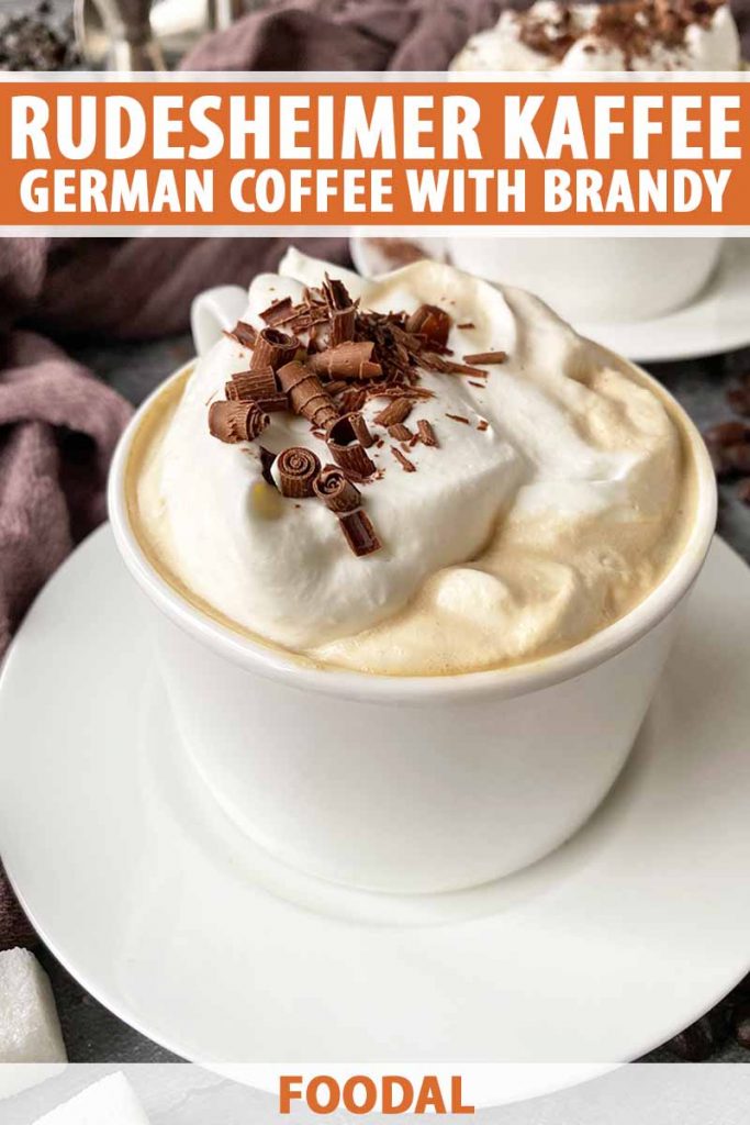 Vertical image of a white mug filled with whipped cream topped with shaved chocolate, with text on the top and bottom of the image.