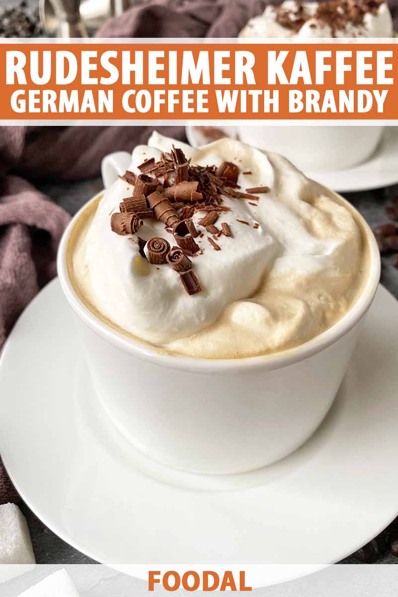 Vertical image of a white mug filled with whipped cream topped with shaved chocolate, with text on the top and bottom of the image.