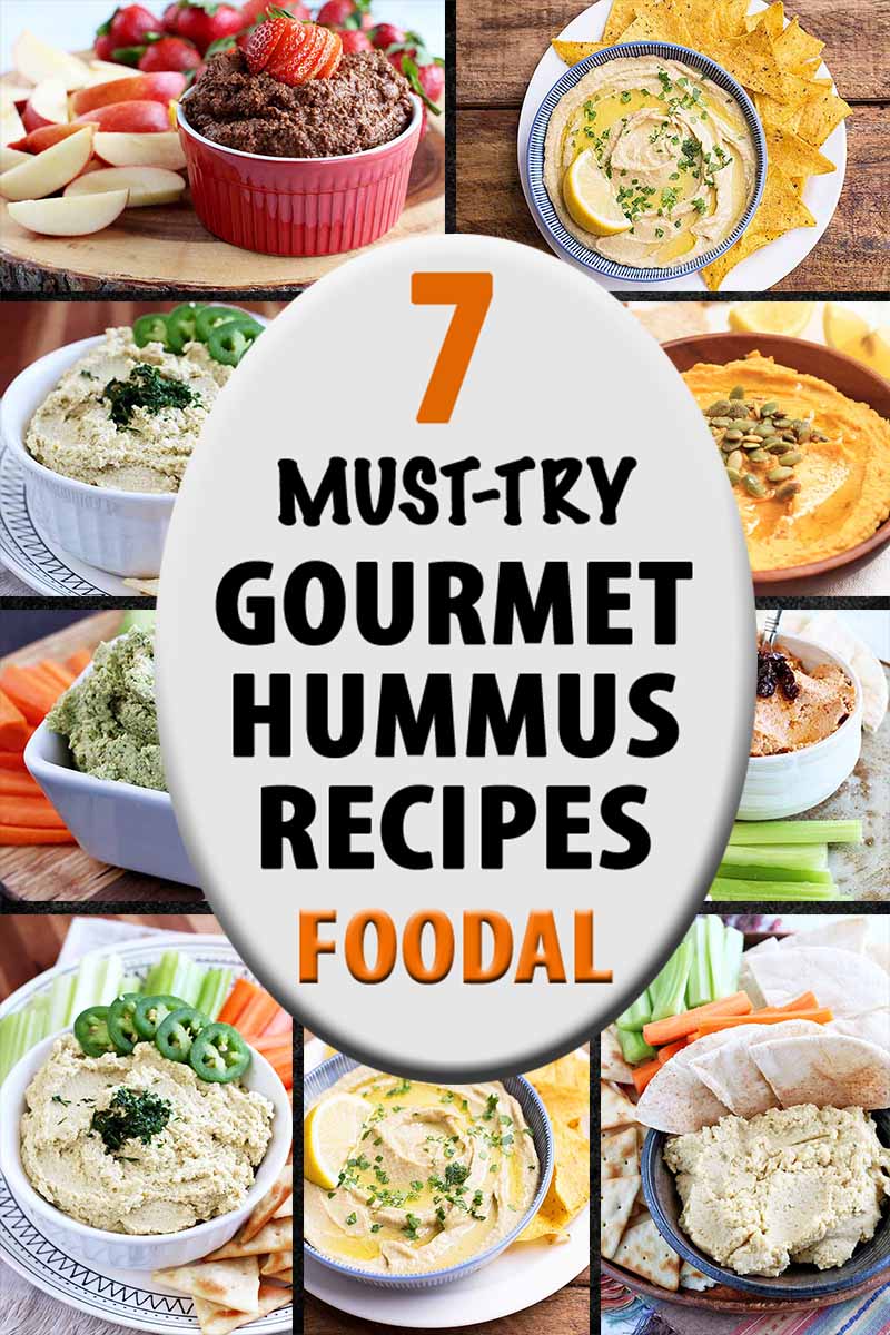 Vertical image of a collage of various hummus recipes, with a label in the center.