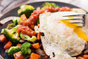 Sweet Potatoes and Broccoli with Olive Oil Fried Egg