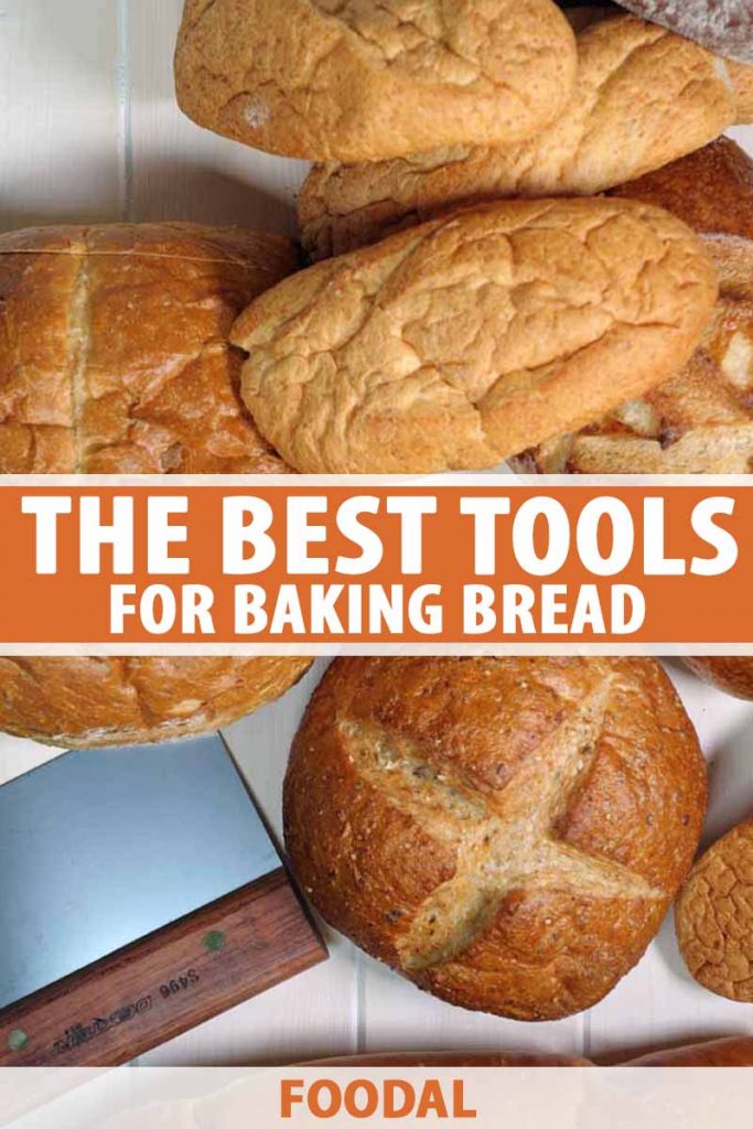 Vertical image of assorted baked goods next to a metal bench scraper, with text in the middle and on the bottom.