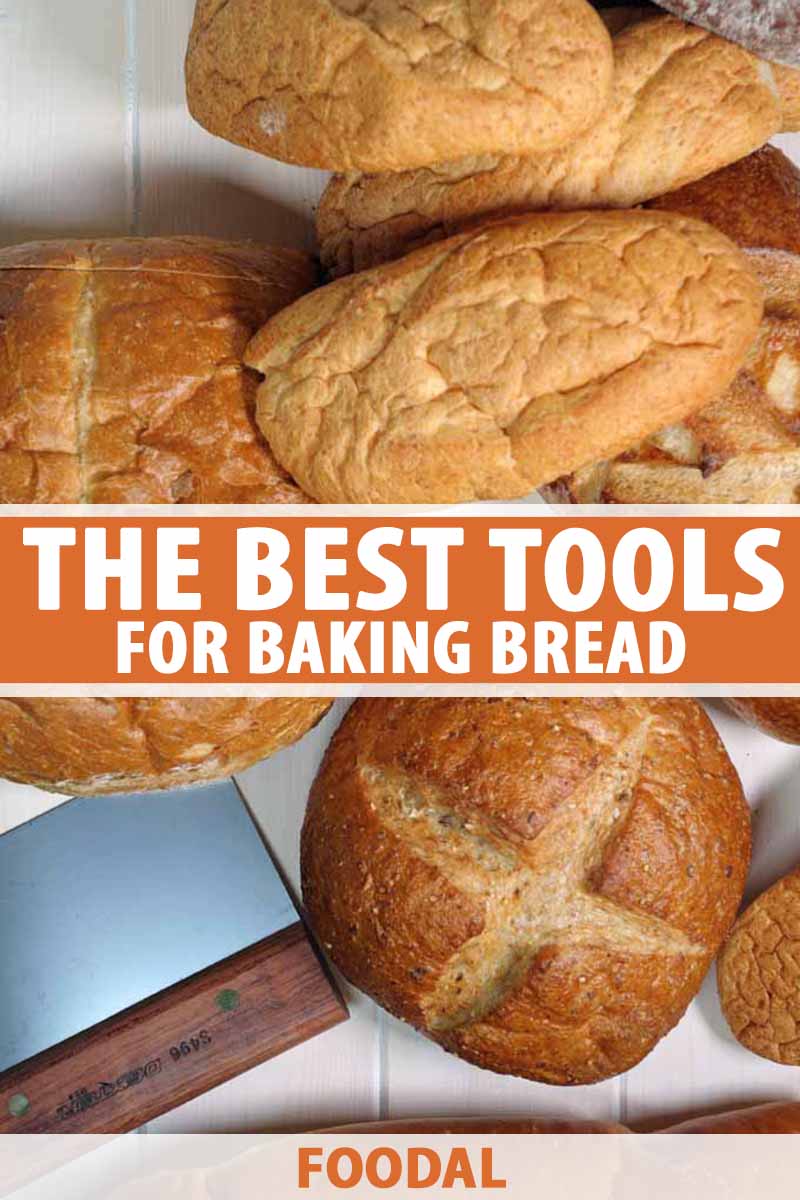 Vertical image of assorted baked goods next to a metal bench scraper, with text in the middle and on the bottom.