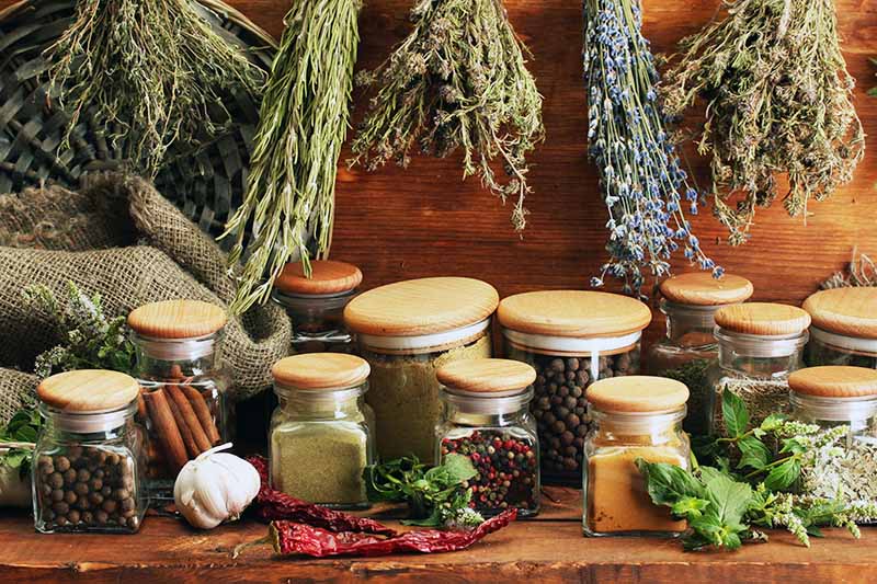 Horizontal image of assorted spices in glass jars on a wooden table.